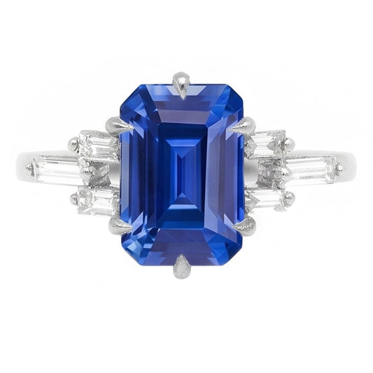 Anello con zaffiro blu smeraldo anniversario di diamante baguette da 2.50 carati