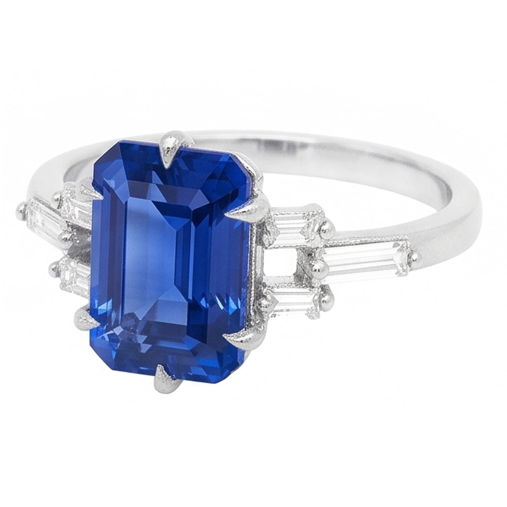 Anello con zaffiro blu smeraldo anniversario di diamante baguette da 2.50 carati