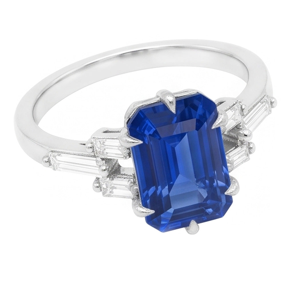 Anello con zaffiro blu smeraldo anniversario di diamante baguette da 2.50 carati