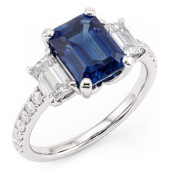 Anello con zaffiro blu smeraldo con pietra preziosa 3 pietre e diamanti 4 carati