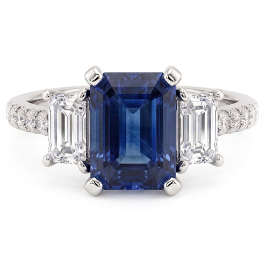 Anello con zaffiro blu smeraldo con pietra preziosa 3 pietre e diamanti 4 carati