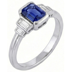 Anello con zaffiro blu smeraldo con pietra preziosa 5 diamanti Baguette in pietra 2 carati