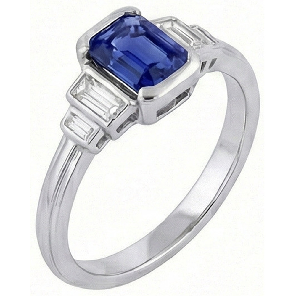 Anello con zaffiro blu smeraldo con pietra preziosa 5 diamanti Baguette in pietra 2 carati