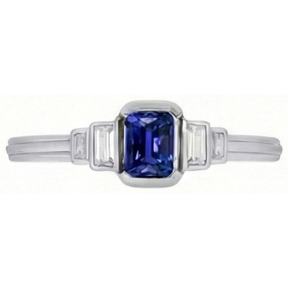 Anello con zaffiro blu smeraldo con pietra preziosa 5 diamanti Baguette in pietra 2 carati