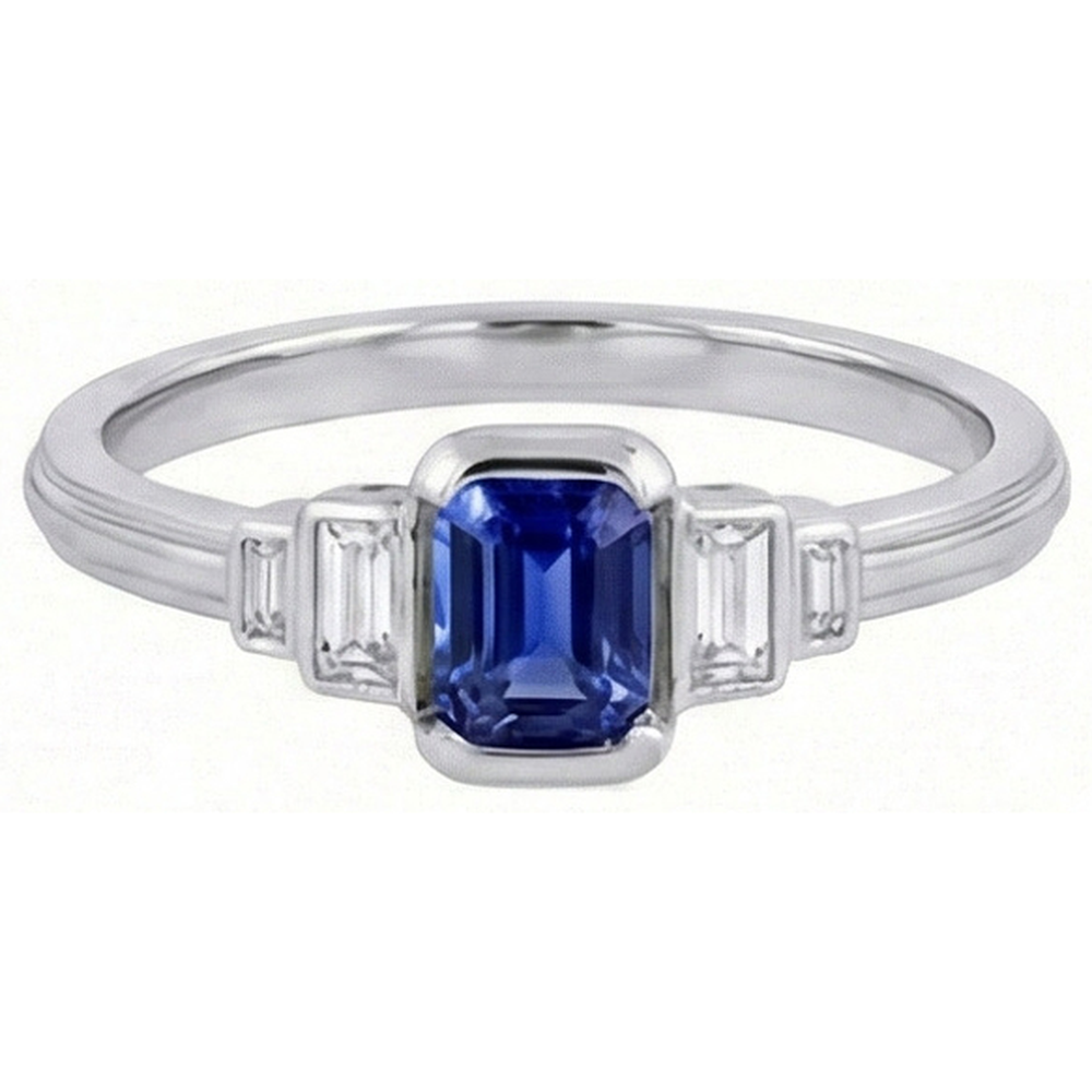 Anello con zaffiro blu smeraldo con pietra preziosa 5 diamanti Baguette in pietra 2 carati