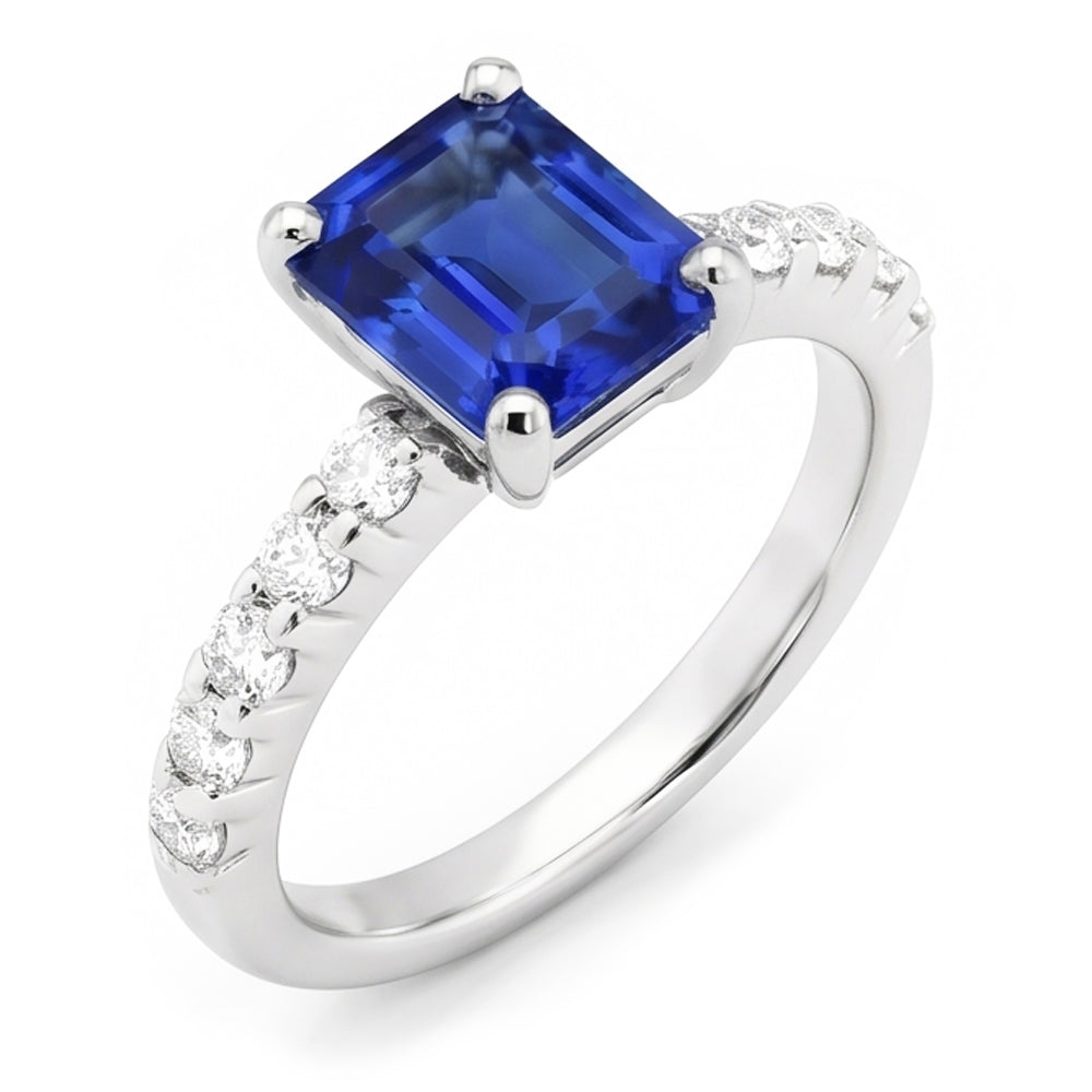 Anello con zaffiro blu smeraldo con pietre preziose con accenti di diamanti 2,50 carati