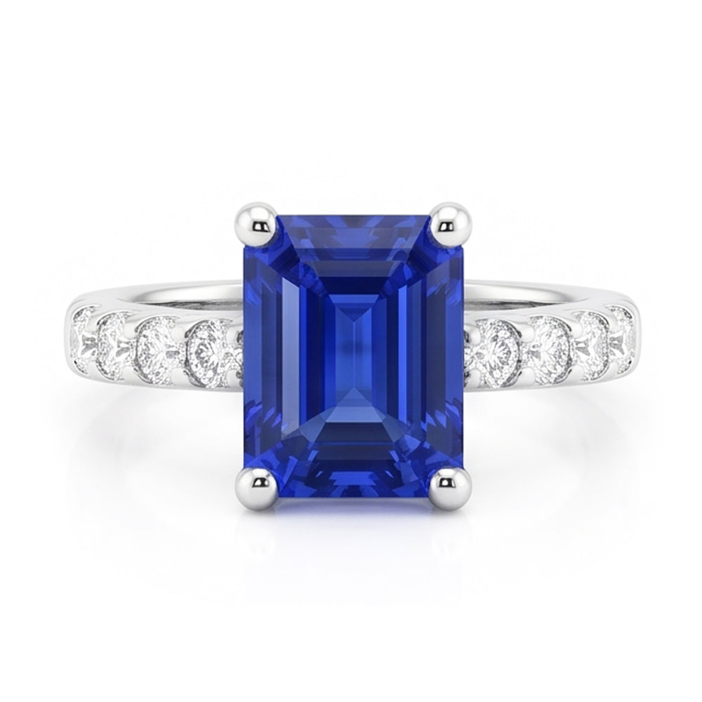 Anello con zaffiro blu smeraldo con pietre preziose con accenti di diamanti 2,50 carati