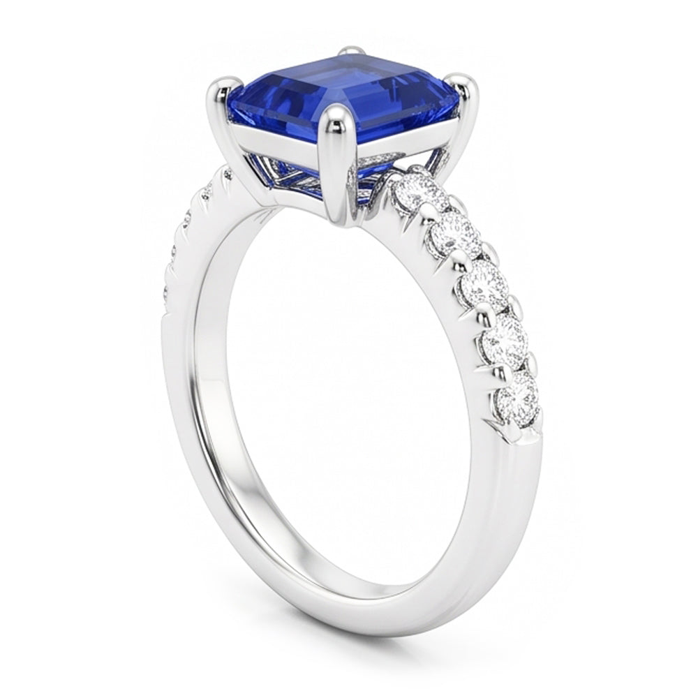 Anello con zaffiro blu smeraldo con pietre preziose con accenti di diamanti 2,50 carati