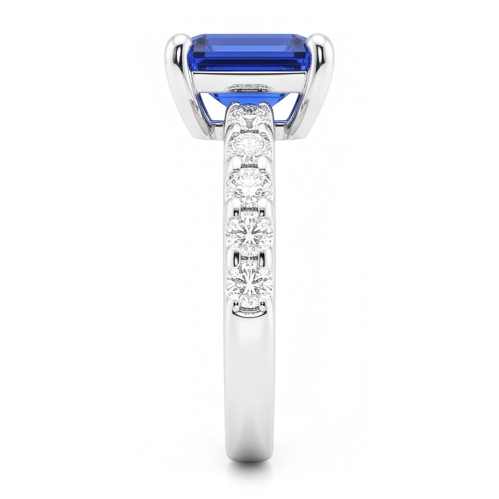 Anello con zaffiro blu smeraldo con pietre preziose con accenti di diamanti 2,50 carati