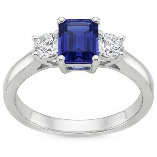 Anello con zaffiro blu smeraldo da 2,50 carati e diamante 3 pietre in oro bianco 14K
