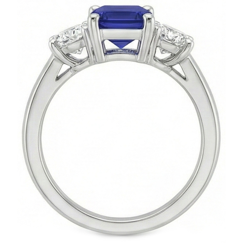 Anello con zaffiro blu smeraldo da 2,50 carati e diamante 3 pietre in oro bianco 14K