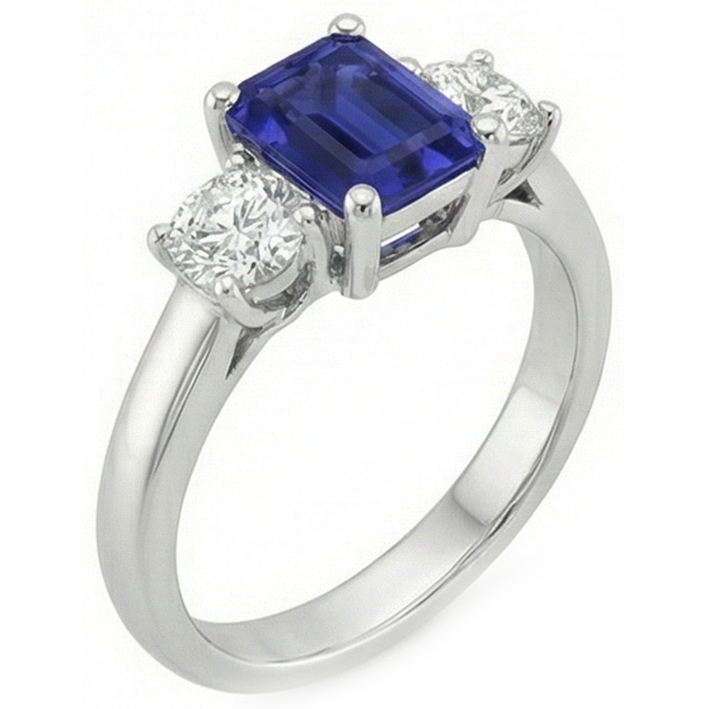 Anello con zaffiro blu smeraldo da 2,50 carati e diamante 3 pietre in oro bianco 14K