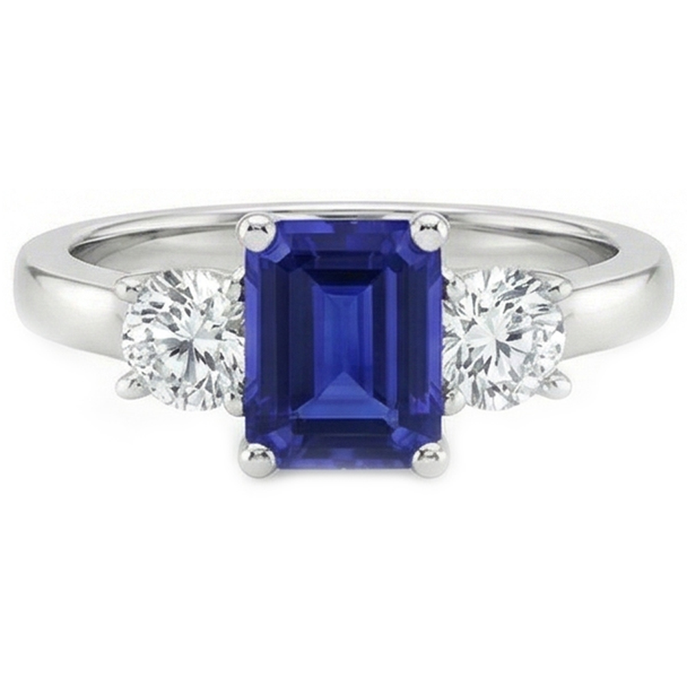 Anello con zaffiro blu smeraldo da 2,50 carati e diamante 3 pietre in oro bianco 14K