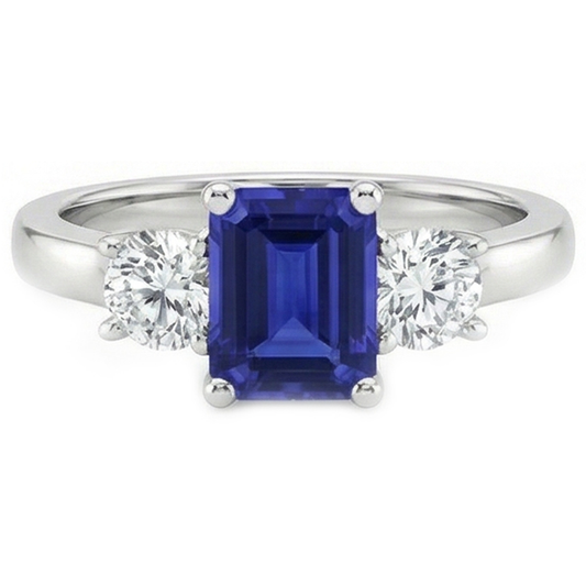 Anello con zaffiro blu smeraldo da 2,50 carati e diamante 3 pietre in oro bianco 14K