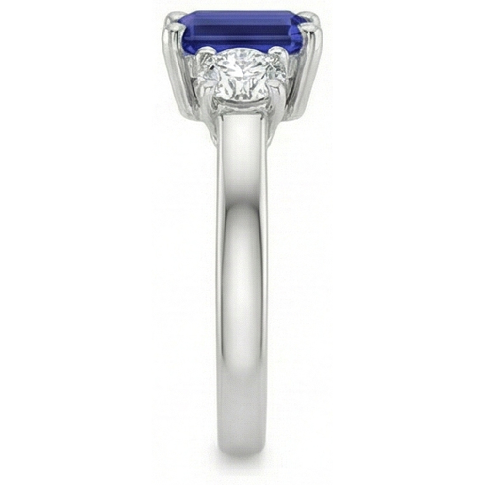 Anello con zaffiro blu smeraldo da 2,50 carati e diamante 3 pietre in oro bianco 14K
