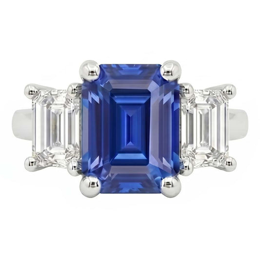 Anello con zaffiro blu smeraldo da 2,50 carati e diamanti tre pietre
