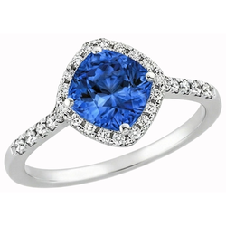 Anello con zaffiro blu taglio cuscino e diamante rotondo 3 ct. Oro bianco 14K