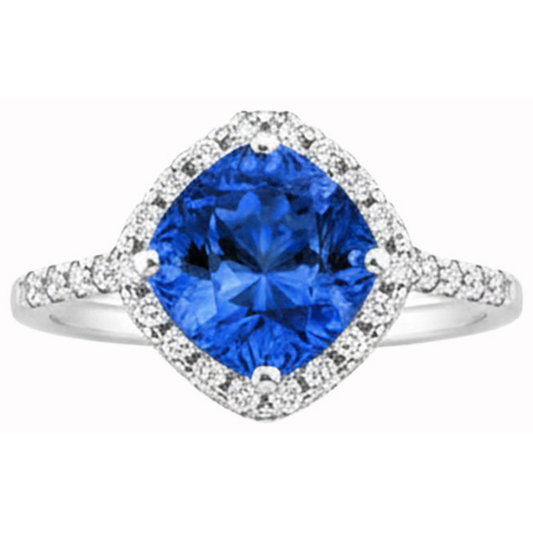 Anello con zaffiro blu taglio cuscino e diamante rotondo 3 ct. Oro bianco 14K
