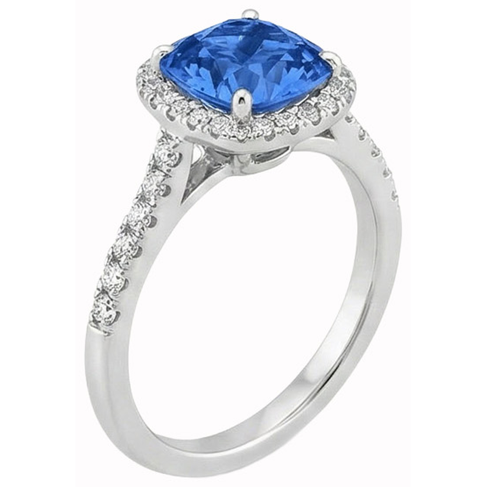Anello con zaffiro blu taglio cuscino e diamante rotondo 3 ct. Oro bianco 14K
