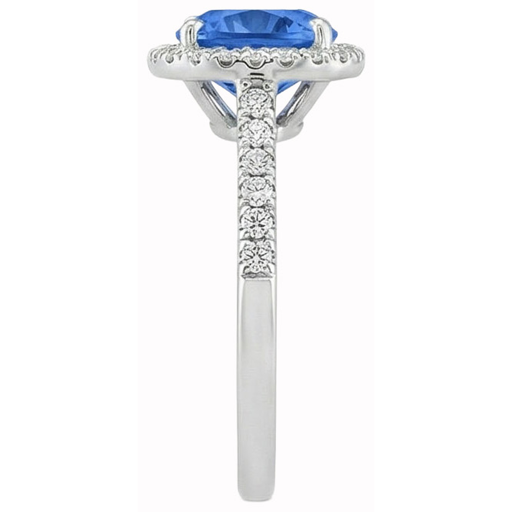 Anello con zaffiro blu taglio cuscino e diamante rotondo 3 ct. Oro bianco 14K