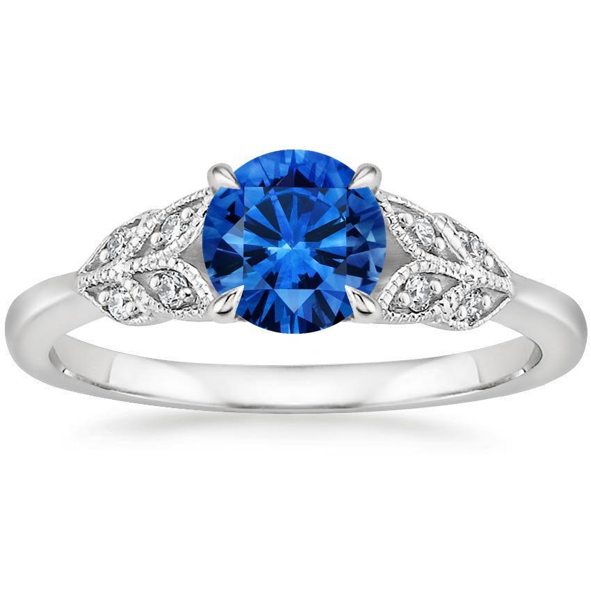 Anello con zaffiro blu a taglio rotondo con diamanti da 2.25 ct Nuovo oro bianco 14K - harrychadent.it