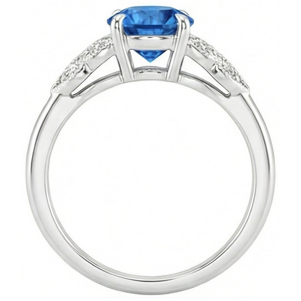Anello con zaffiro blu taglio rotondo da 2,25 carati e diamanti in oro bianco 14K