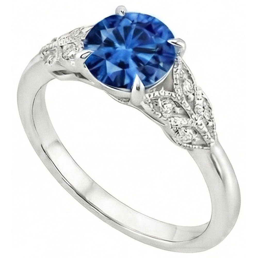 Anello con zaffiro blu taglio rotondo da 2,25 carati e diamanti in oro bianco 14K