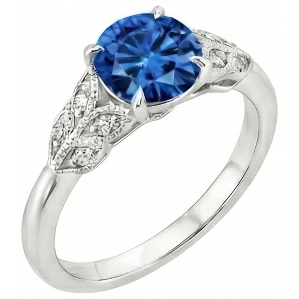 Anello con zaffiro blu taglio rotondo da 2,25 carati e diamanti in oro bianco 14K