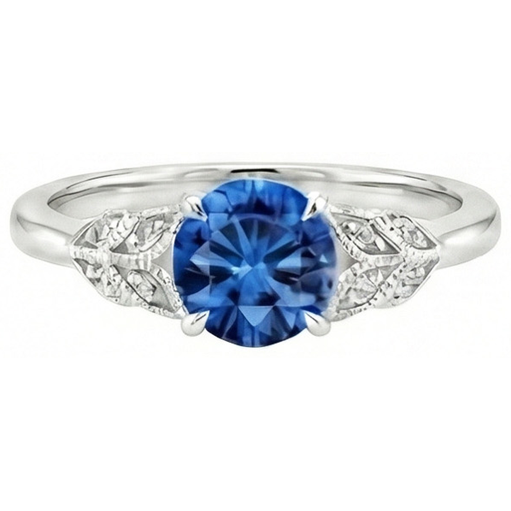 Anello con zaffiro blu taglio rotondo da 2,25 carati e diamanti in oro bianco 14K