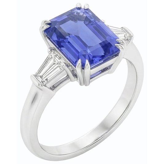 Anello con zaffiro blu taglio smeraldo 3 pietre baguette diamante 2.25 carati