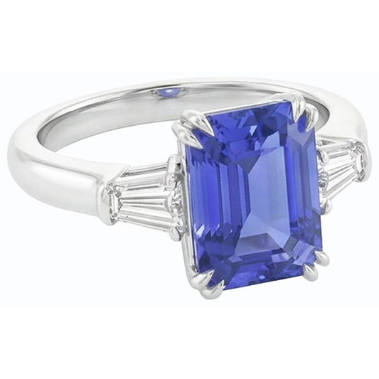 Anello con zaffiro blu taglio smeraldo 3 pietre baguette diamante 2.25 carati