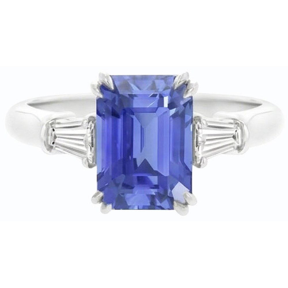 Anello con zaffiro blu taglio smeraldo 3 pietre baguette diamante 2.25 carati
