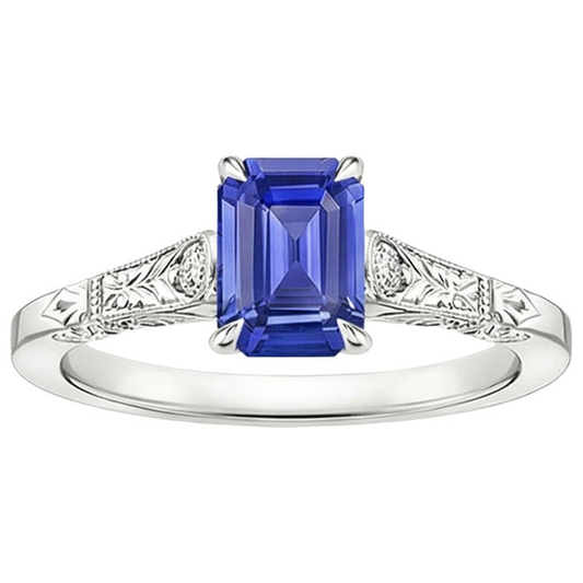 Anello con zaffiro blu taglio smeraldo da 3,25 carati e 3 pietre di diamanti