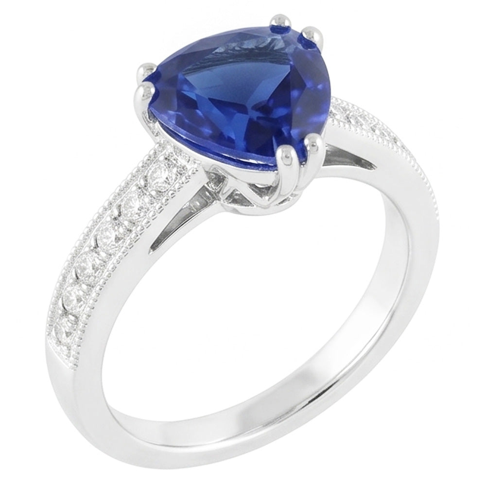 Anello con zaffiro blu taglio trilioni di gioielli con diamanti a doppia punta 2 carati
