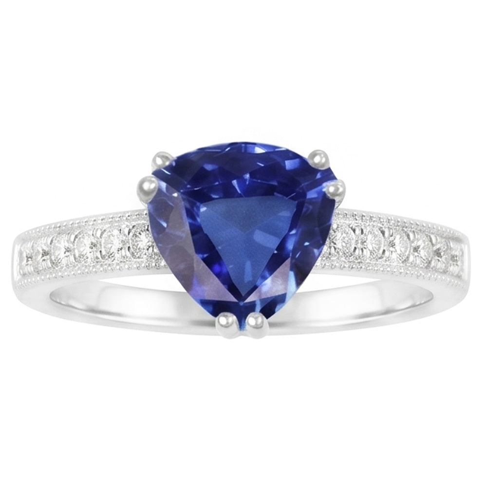 Anello con zaffiro blu taglio trilioni di gioielli con diamanti a doppia punta 2 carati