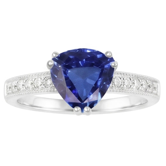 Anello con zaffiro blu taglio trilioni di gioielli con diamanti a doppia punta 2 carati