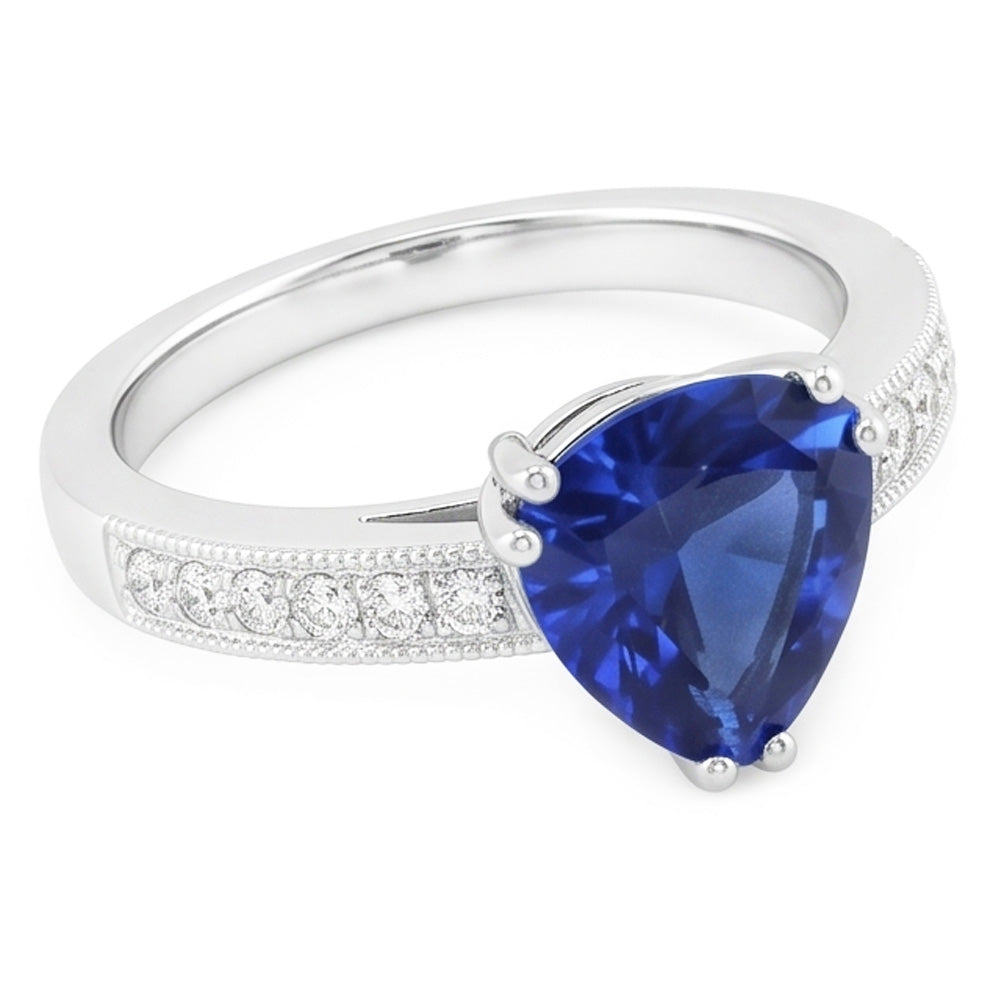 Anello con zaffiro blu taglio trilioni di gioielli con diamanti a doppia punta 2 carati