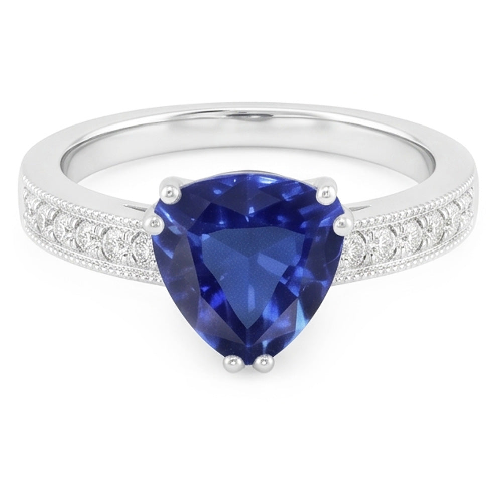 Anello con zaffiro blu taglio trilioni di gioielli con diamanti a doppia punta 2 carati
