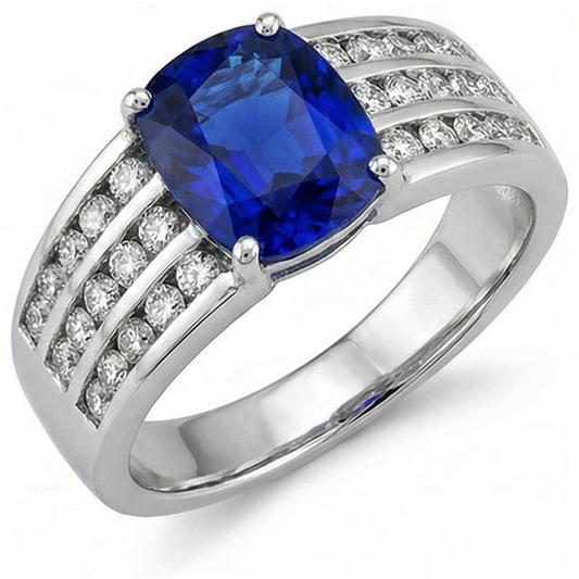 Anello con zaffiro cuscino dello Sri Lanka da 3,50 carati e diamanti in oro bianco 14K