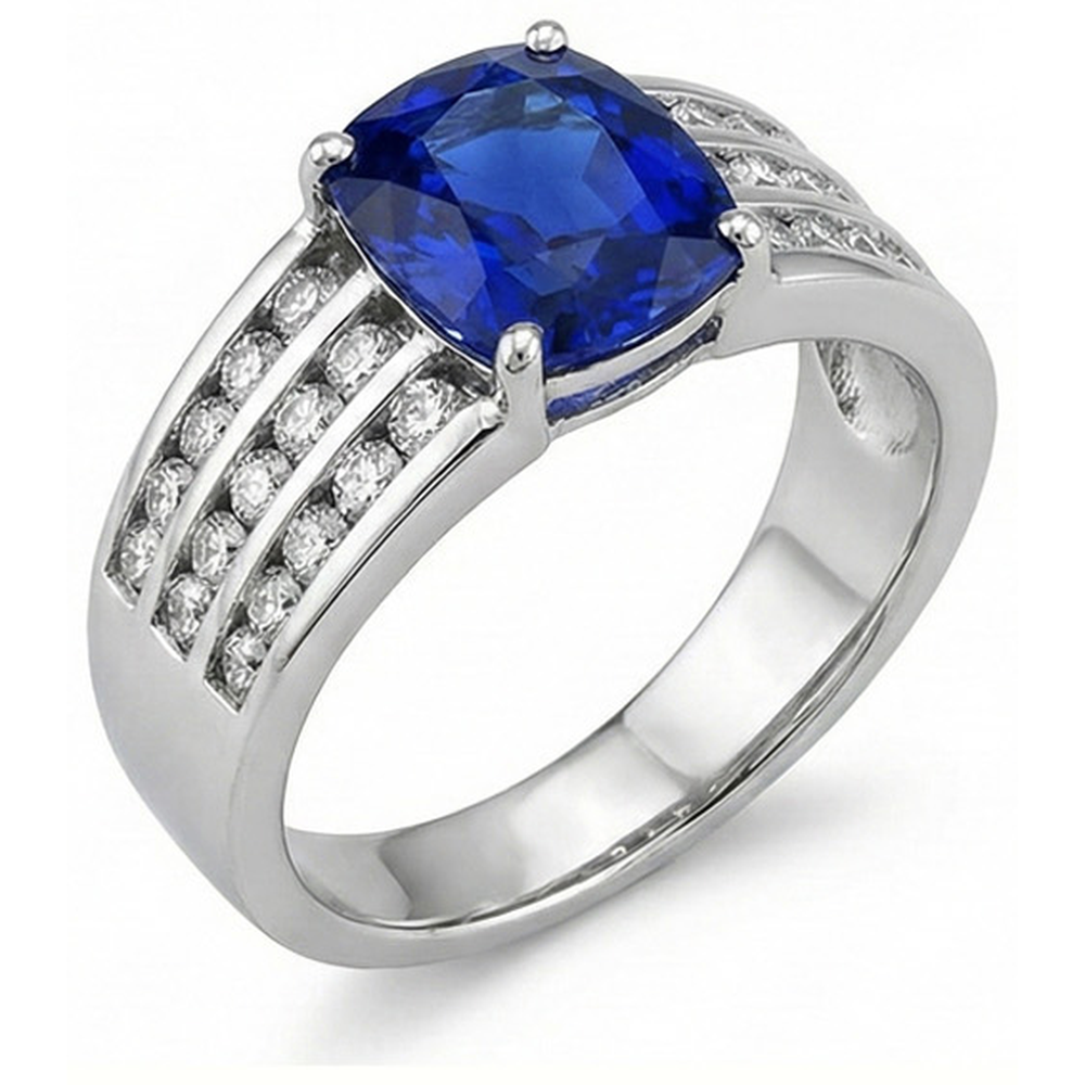 Anello con zaffiro cuscino dello Sri Lanka da 3,50 carati e diamanti in oro bianco 14K