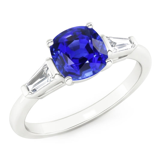 Anello con zaffiro da 1,75 carati e diamanti baguette con 3 pietre cuscino in oro bianco 14k