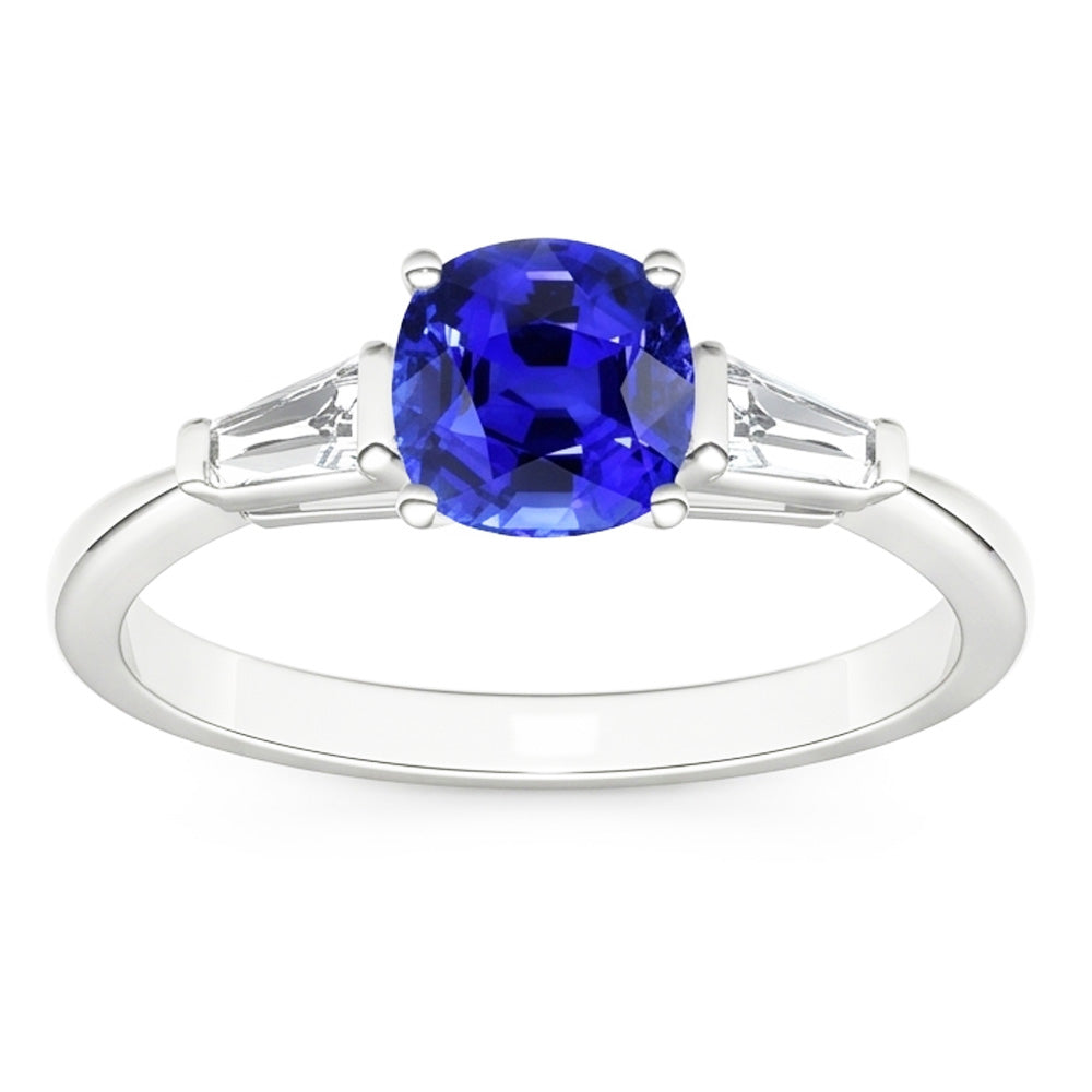 Anello con zaffiro da 1,75 carati e diamanti baguette con 3 pietre cuscino in oro bianco 14k