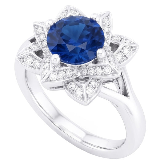 Anello con zaffiro dello Sri Lanka 3 carati e diamanti in oro bianco 14K
