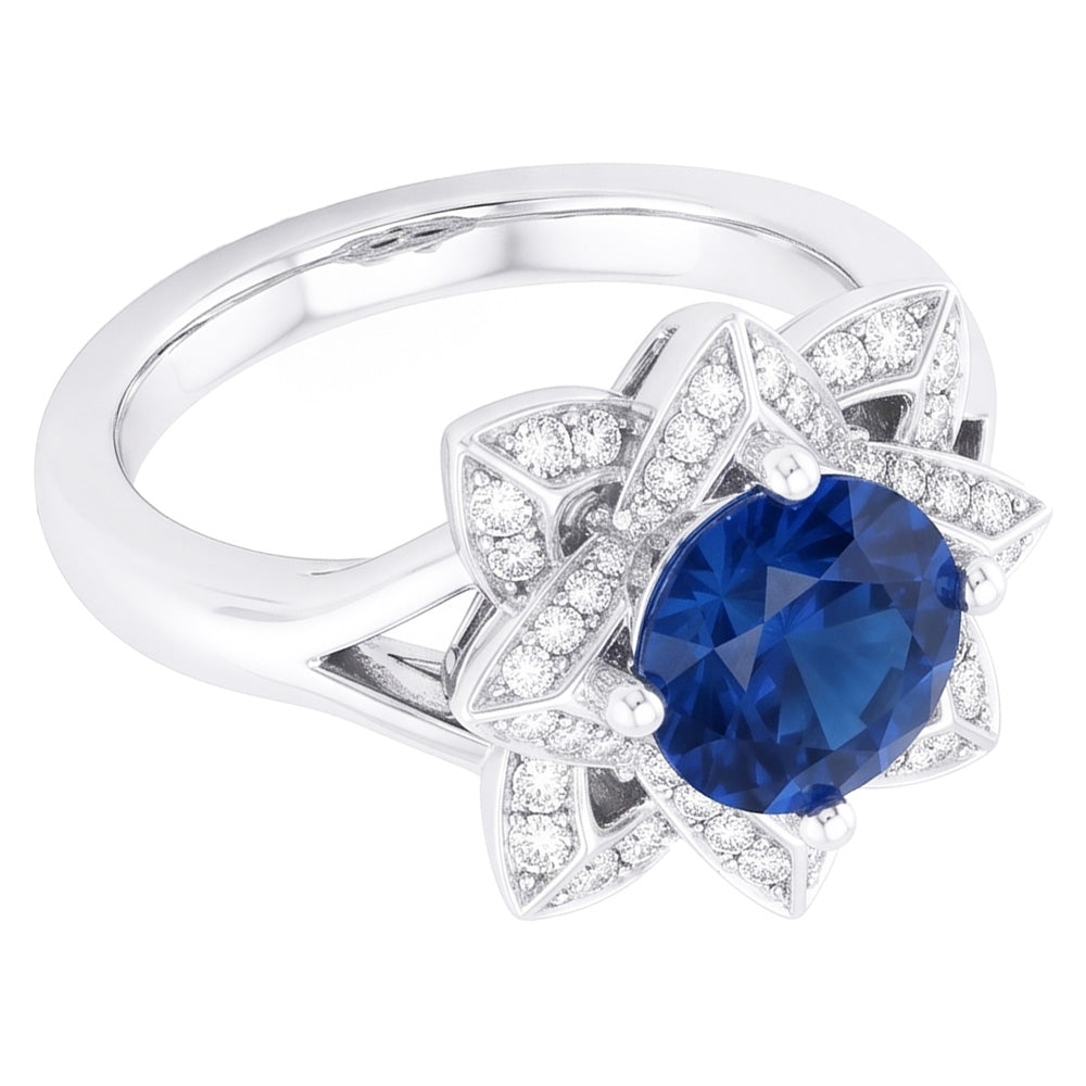 Anello con zaffiro dello Sri Lanka 3 carati e diamanti in oro bianco 14K