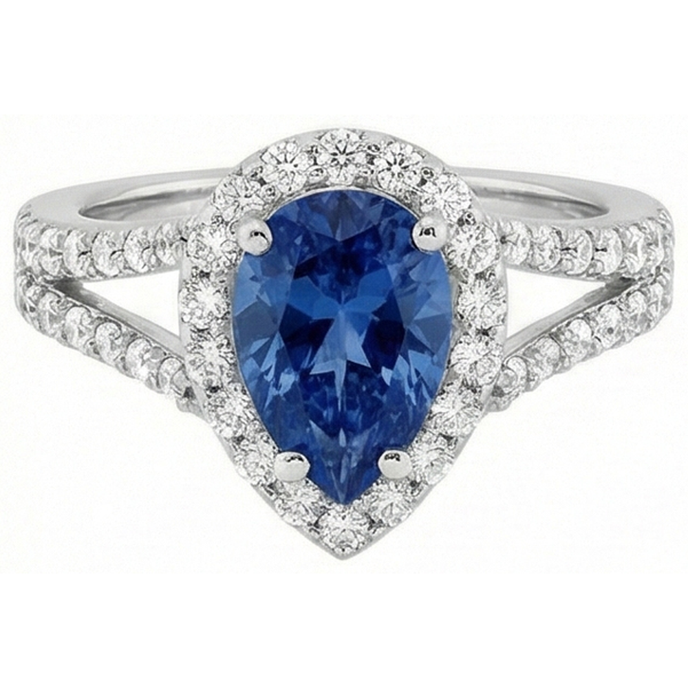 Anello con zaffiro dello Sri Lanka 4 carati con taglio a pera e diamanti tondi in oro bianco 14K