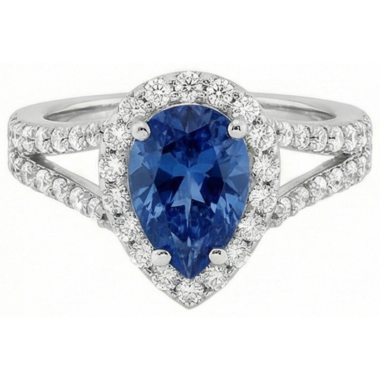 Anello con zaffiro dello Sri Lanka 4 carati con taglio a pera e diamanti tondi in oro bianco 14K