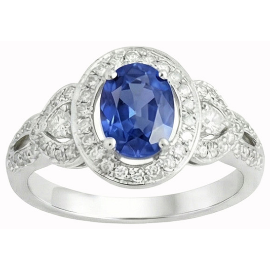 Anello con zaffiro dello Sri Lanka a 3 carati e diamanti a taglio ovale in oro bianco 14K