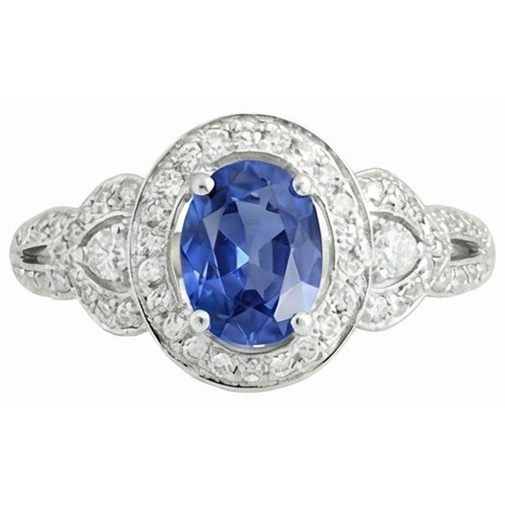 Anello con zaffiro dello Sri Lanka a 3 carati e diamanti a taglio ovale in oro bianco 14K