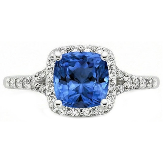 Anello con zaffiro dello Sri Lanka a cuscino da 4,10 carati e diamanti tondi in oro bianco 14K