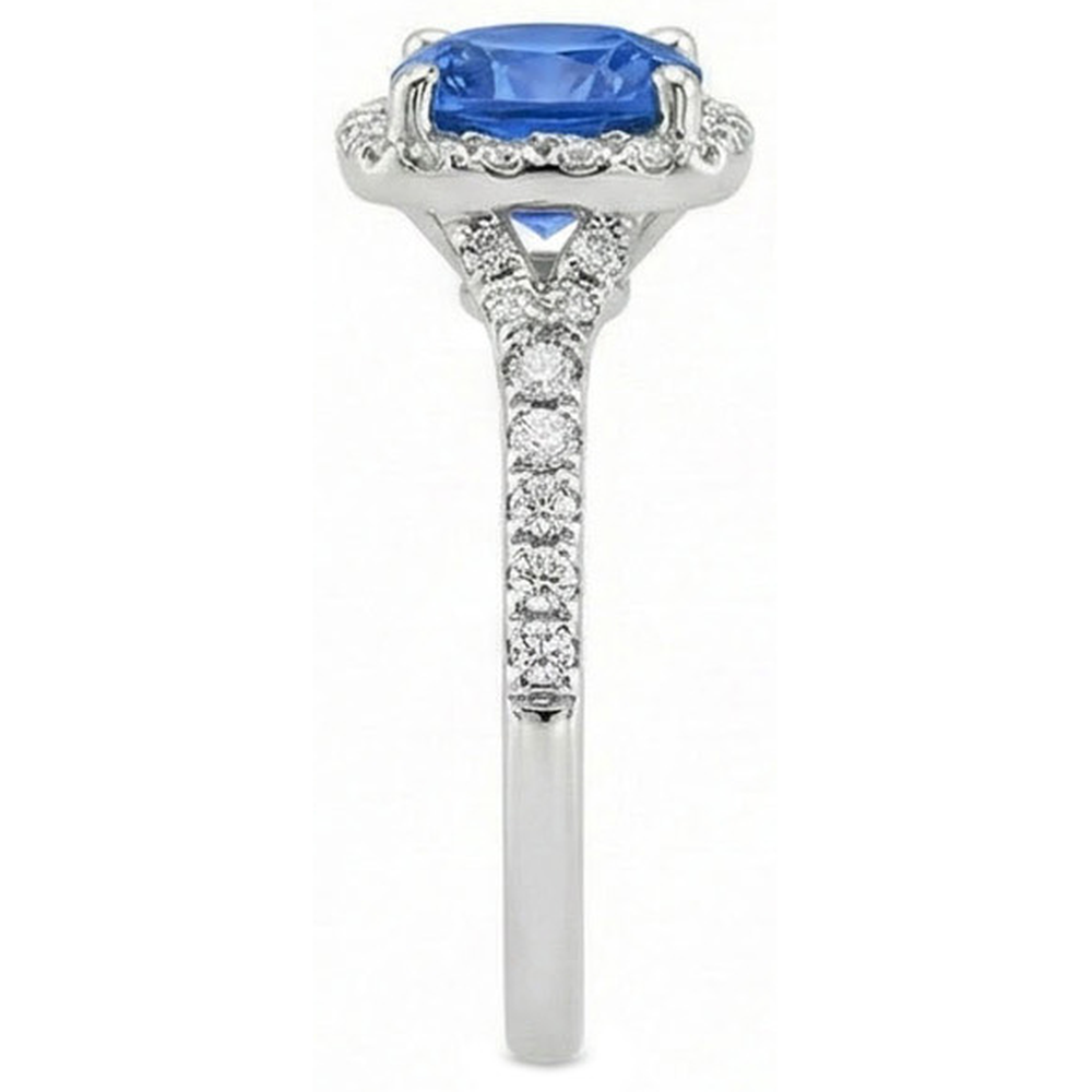 Anello con zaffiro dello Sri Lanka a cuscino da 4,10 carati e diamanti tondi in oro bianco 14K